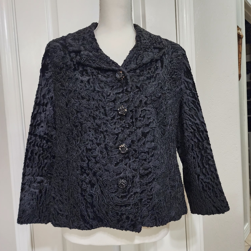 Vintage Black Persian Lamb Fur Jacket and Muff, pre-owned.